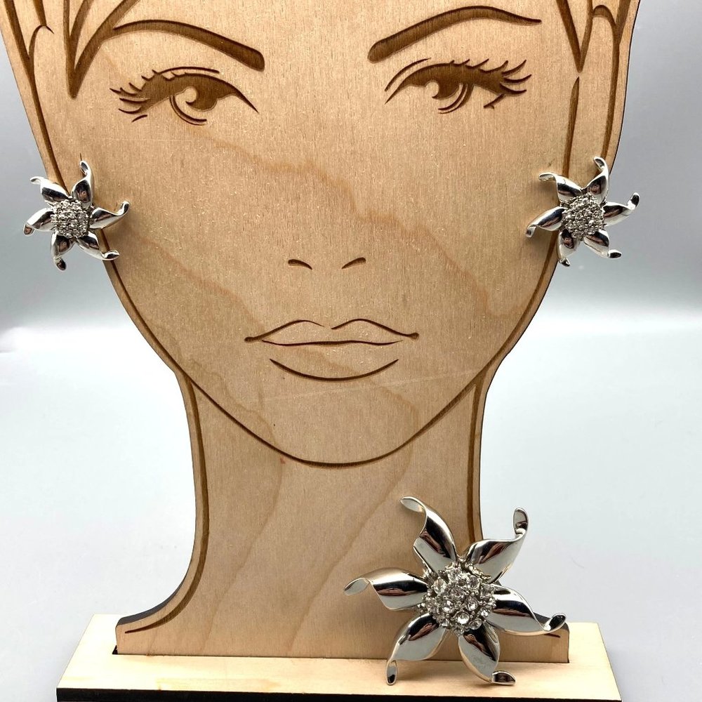 Vintage Glam Demi Parure, Stylized Silver Tone Flower Earrings with Matching Pin